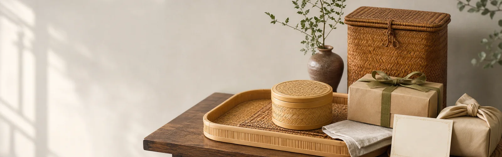 Handwoven bamboo tray, lidded basket, storage box, and wrapped gifts arranged in soft daylight