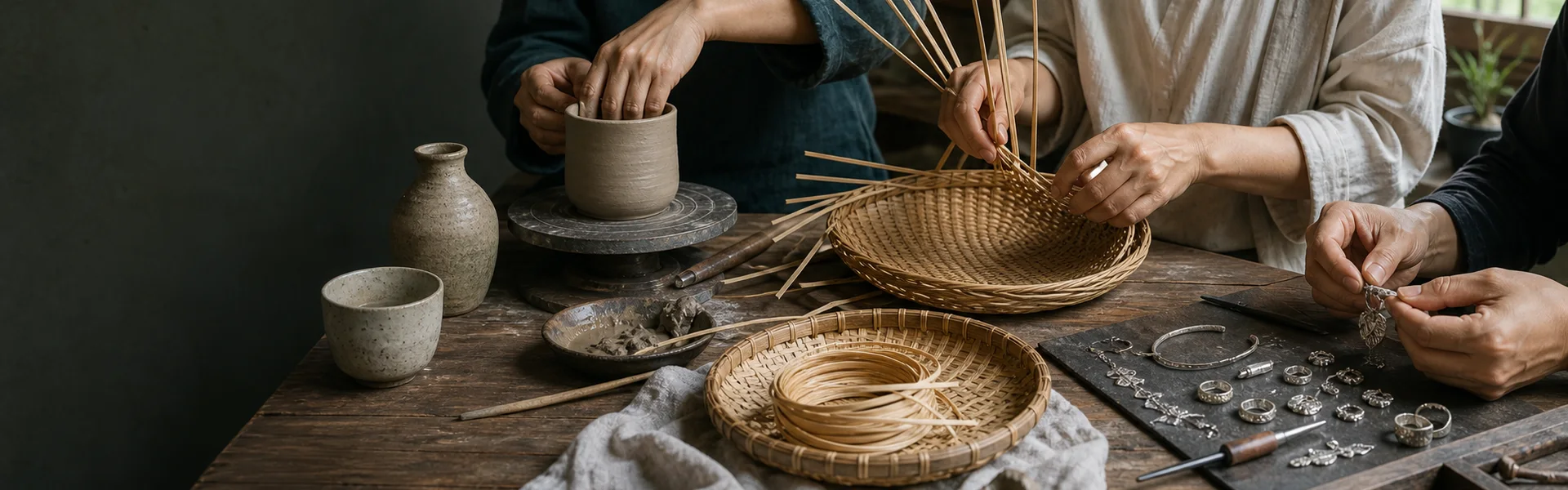 Chinese artisans shaping ceramics, weaving bamboo and rattan, and making handmade jewelry at a studio table