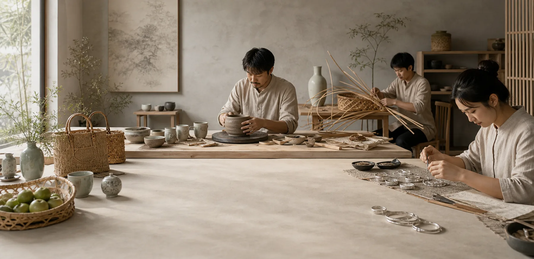 Chinese artisans working on ceramics, bamboo weaving, rattan, and silver jewelry